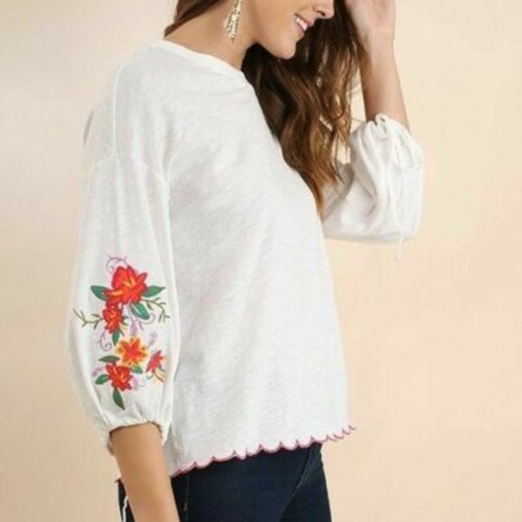 Umgee Striped Embroidered Blouse with Scallop Trim